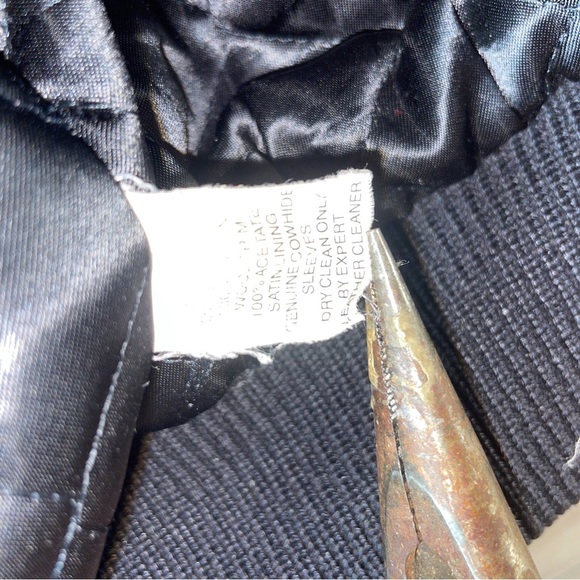 Vintage 90s Black 100% Leather & Wool Letterman Jacket Made in USA Mens XL Long - Picture 6 of 16